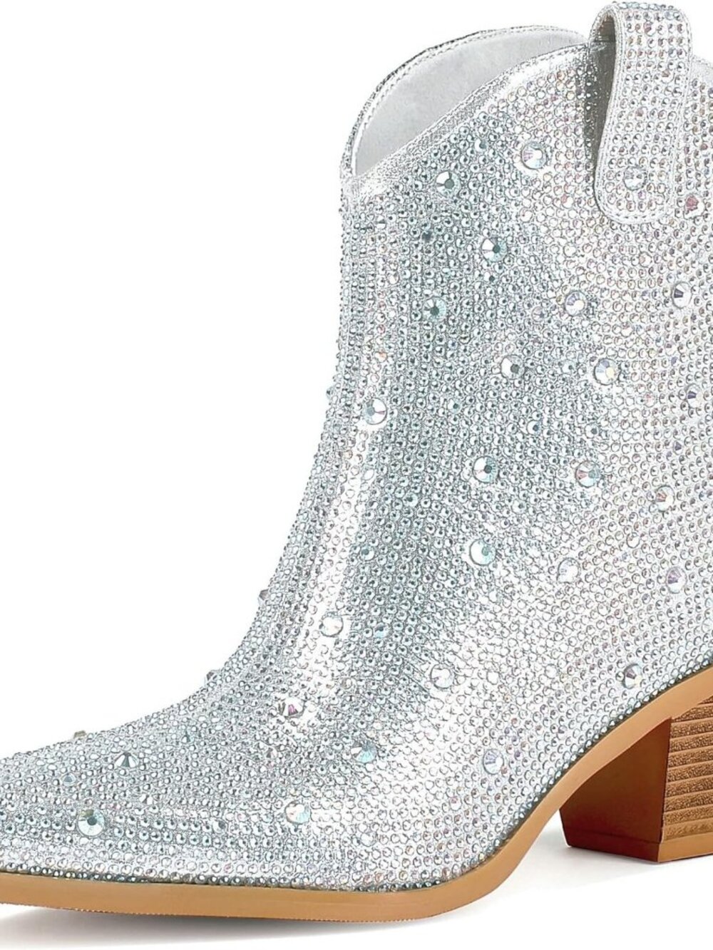 Women's Silver Rhinestone Boots Glitter Chunky Heel Sparkly Cowgirl Ankle Boots
